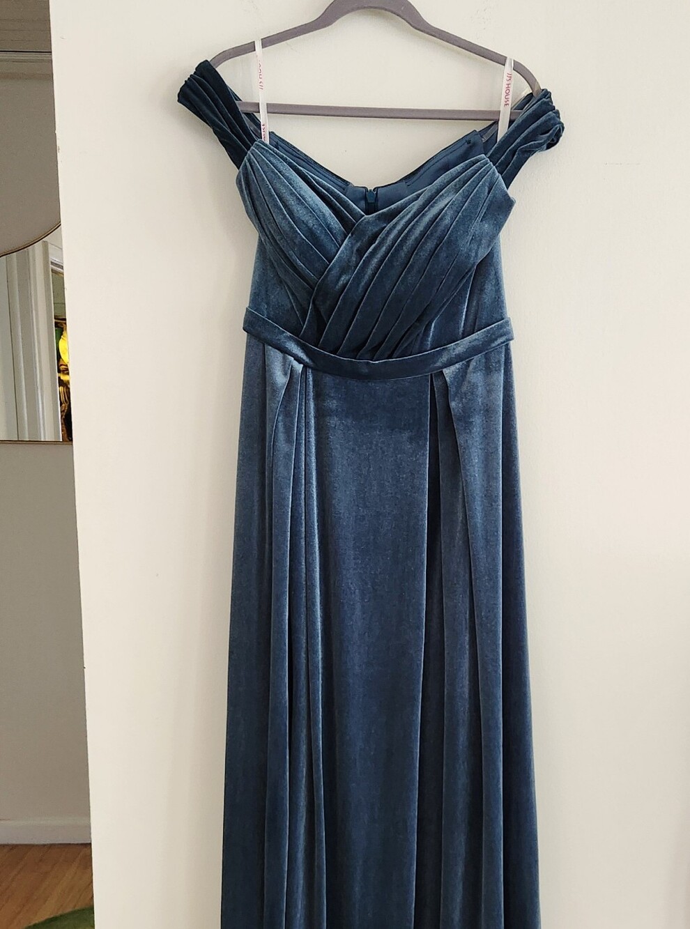 JJ’s House Alison Ink Blue Off Shoulder Velvet Formal Gown US 12